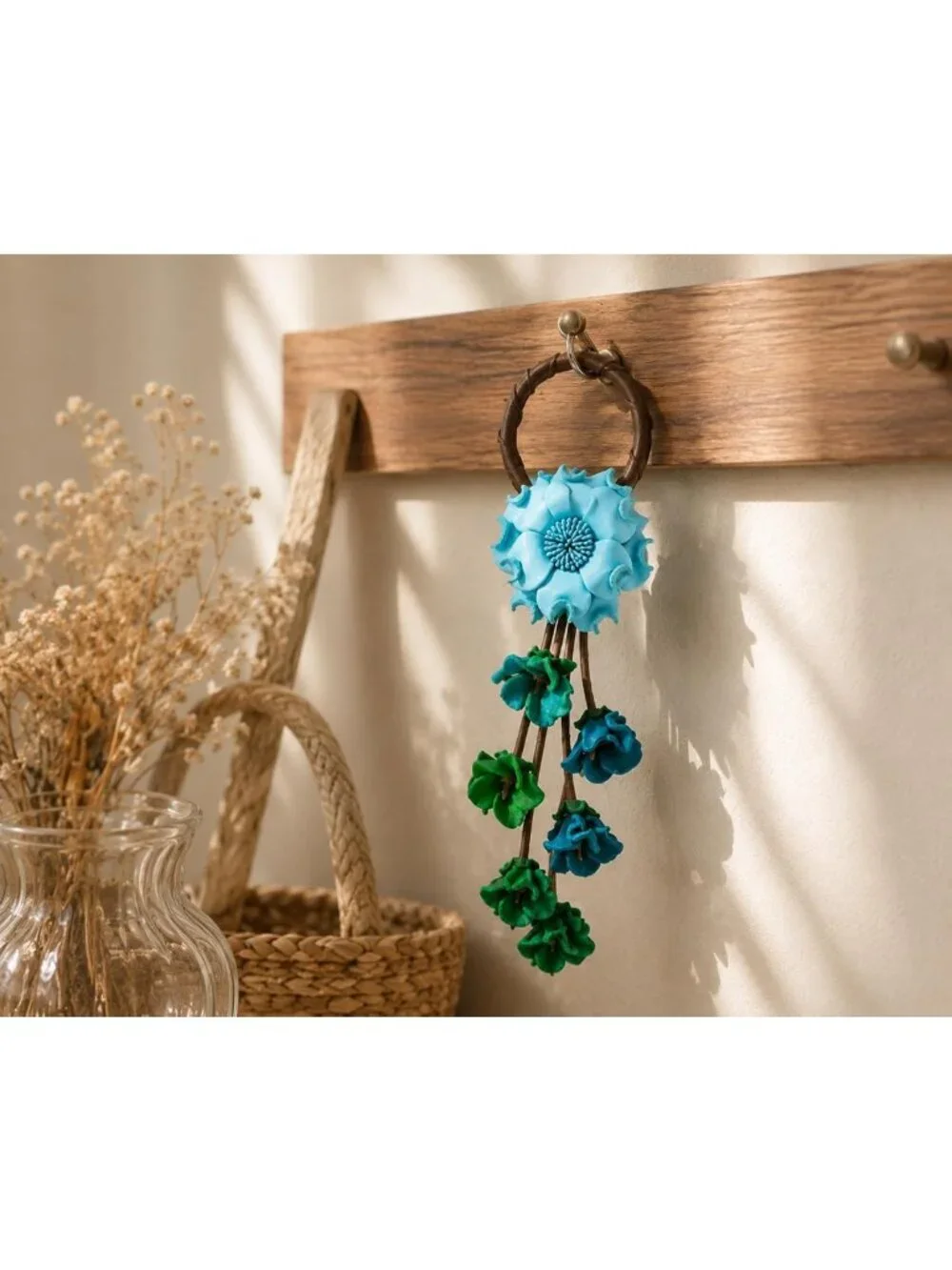 Handmade Leather Flower Keychain | Genuine Leather Loop Ring | Vintage Boho Gift